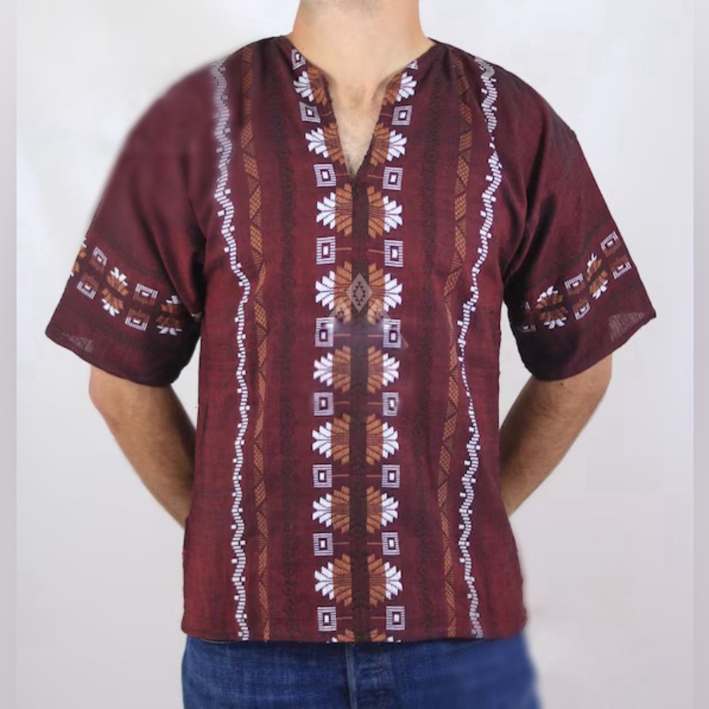 Artisan Made Men's Mexican Burgundy Patterned Shirt Size Medium